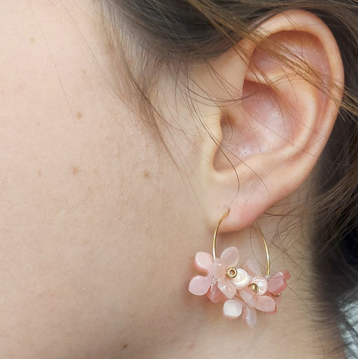 Pink floral earrings on 25mm golden steel hoops (1 pair)