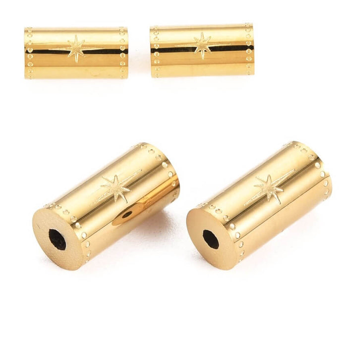 Cylinder Tube Bead Chiseled Stainless Steel Gold 12x6mm - hole: 1,5mm (1)