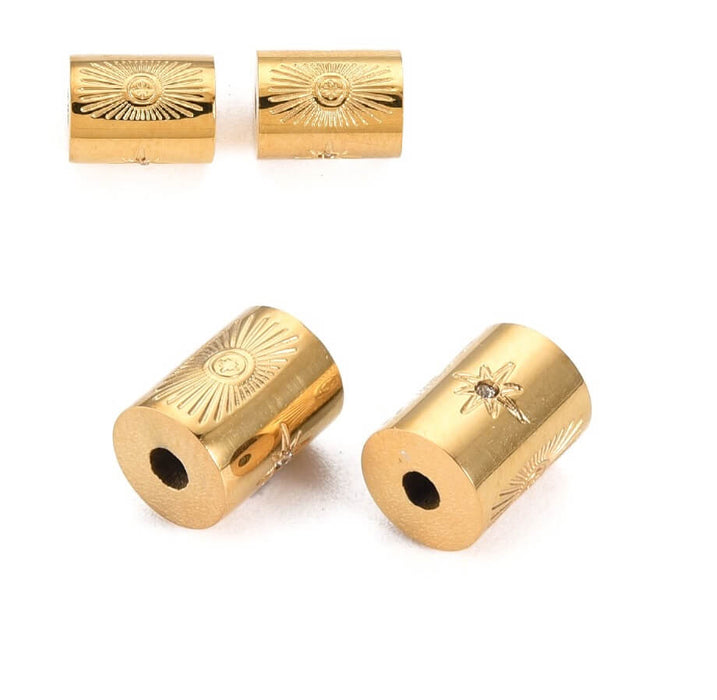 Cylinder Tube Bead Stainless Steel Gold and Zircon 8x6mm hole: 1,5mm (1)