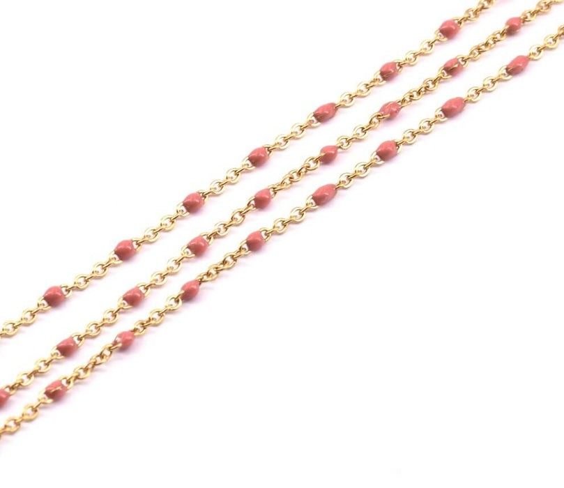 Stainless Steel fine Chain, Golden with old Pink Enamel 2x1.5x0.5mm (50cm)