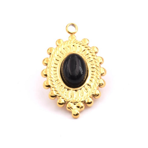 Pendant Oval Gold Stainless Steel - Black Onyx Cabochon 20x15mm (1)