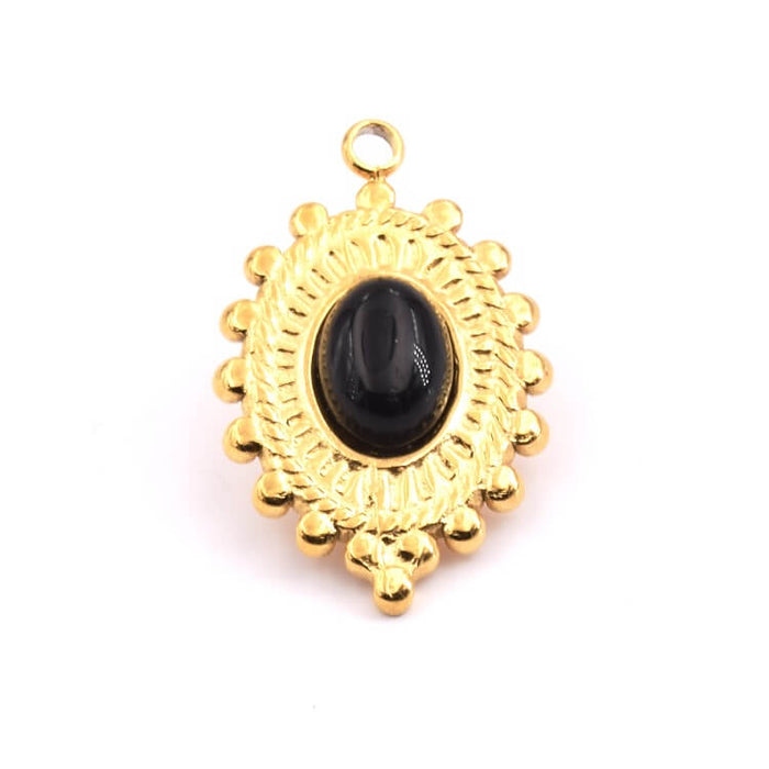 Pendant Oval Gold Stainless Steel - Black Onyx Cabochon 20x15mm (1)