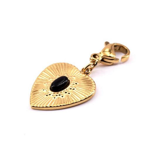 Pendant Heart Golden Stainless Steel - Black Resin Oval Cabochon 16x15mm (1)