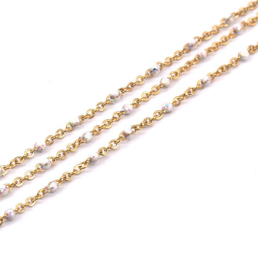 Stainless Steel fine Chain, Golden with Iridescent White Enamel AB 1.5x1x0.2mm (50cm)