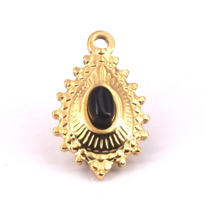 Drop Pendant Steel Gold and Black Stone Cabochon 19x14mm (1)