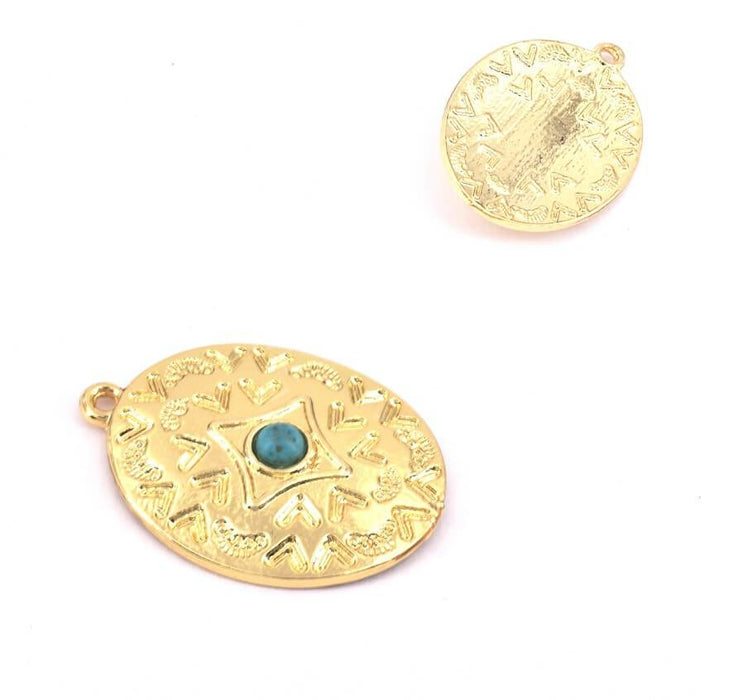 Pendant arabesque plated 29mm - turquoise resin 4mm (1)