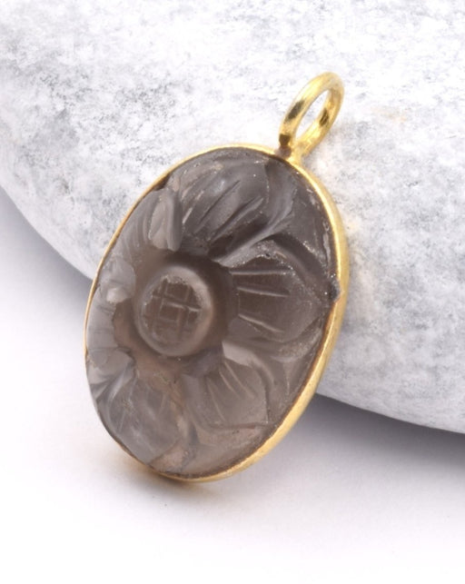 Oval pendant Flower carved Smoked Quartz -925 gold plated 17x13mm (1)