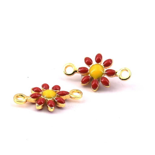 Daisy Flower Charm Connector Brass Gold Red Enamel 7mm (2)