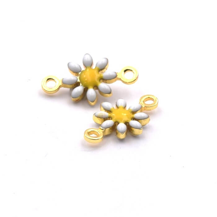 Daisy Flower Charm Connector Brass Gold White Enamel 7mm (2)