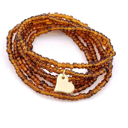 Long Necklace Bracelet Seed Beads Topaz on Elastic - Golden Heart 10x11mm (1)