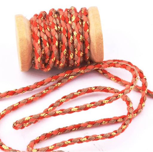 Braided cotton cord red and orange -gold thread - 1.5mm (2m)