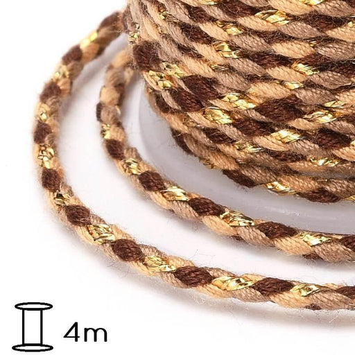 Braided cotton cord Nude -brown -gold thread - 1.5mm (spool- 4m)