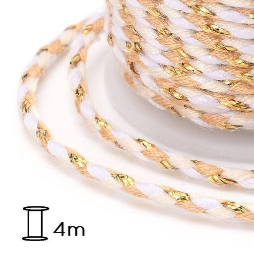 Braided cotton cord Nude -White -gold thread - 1.5mm (spool- 4m)