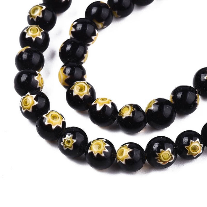Millefiori Black and Yellow Round Beads 6mm, 37cm (1 strand)