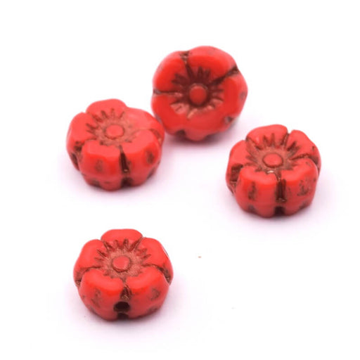 Czech pressed glass Hibiscus Red and Bronze 7mm (4)