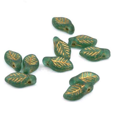 Czech pressed glass Beads Leaf Green and Gold 11x6mm (20)