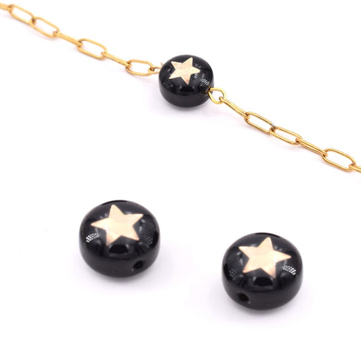 Glass Bead flat Round Black With Star Golden 8mm - Hole 0.8mm (2)