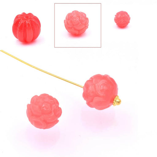 Round bead carved Shell flower dyed pink coral 12mm, trou 1,5mm (1)