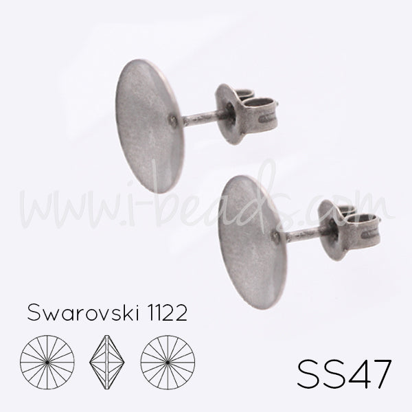 Cupped stud earring setting for Swarovski 1122 rivoli SS47 antique silver plated (2)