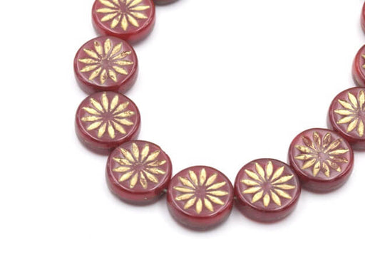 Buy Czech pressed glass beads COIN Flower Dark red and gold 12mm (4)