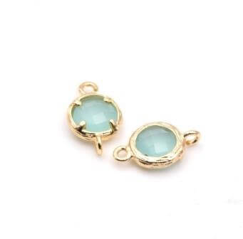 Link-Brass with glass Milky turquoise, gold plated ,8mm (1)