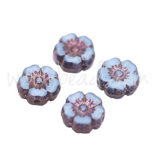 Czech pressed glass beads hibiscus flower blue and purple bronze 9mm (4)