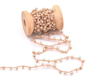 Thin cotton Cord whith seed beads PINK LIGHT GOLD (90cm)