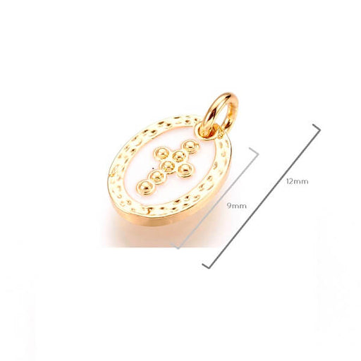 Charm, pendant golden brass and white enamel whith cross 9mm + ring (1)