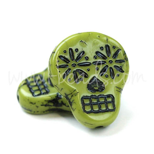 Czech pressed glass sugar skull green and black 15x19mm (2)