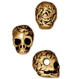 Buy Skull and rose bead horizontal large hole metal antique gold plated 10mm (1)