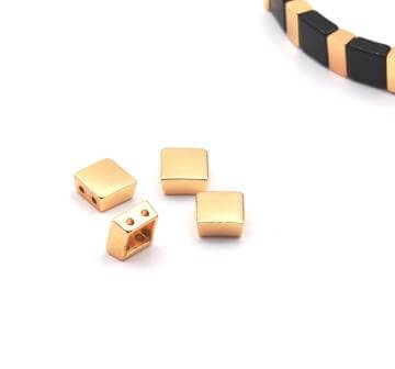 Tile bead light gold laquered metal, 7x7,5mm, 2 Holes: 0,8mm (10)