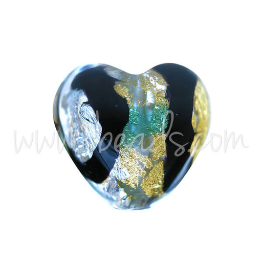 Murano bead heart black blue and silver gold 10mm (1)