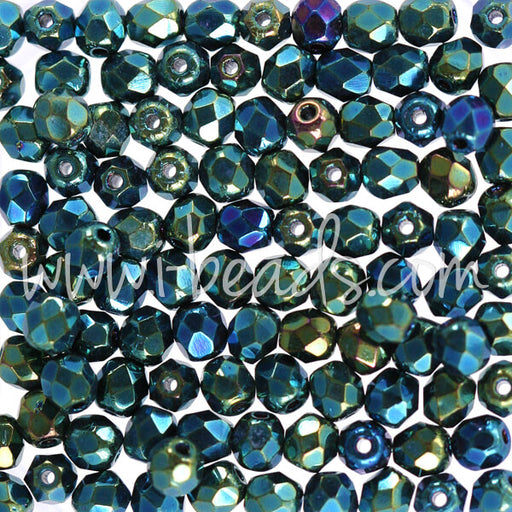 Czech fire-polished beads iris green 4mm (100)