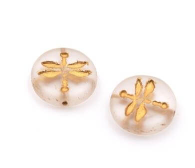 Czech pressed glass beads Dragonfly cristal transp matte and gold 12mm (2)