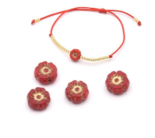 Czech pressed glass beads hibiscus flower red and gold 6mm (4)