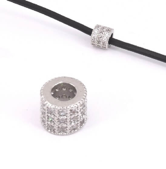 Bead, Large tube, brass Rodhium plated with zircon strass 6x5mm hole : 3mm (1)