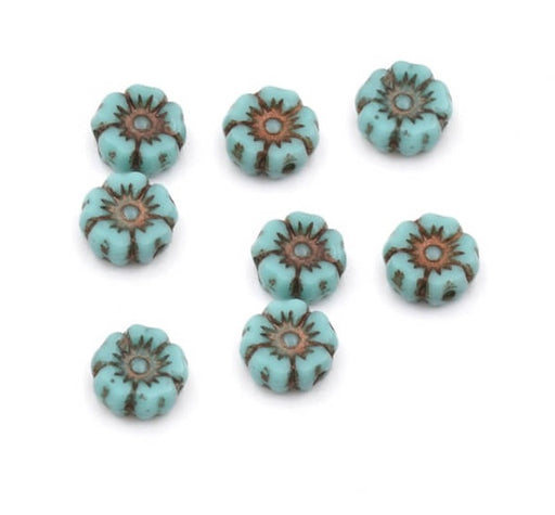 Czech pressed glass beads hibiscus flower Turquoise with Dark Bronze 7mm (4)