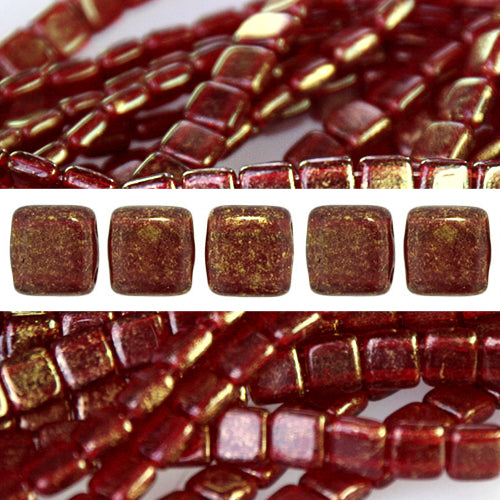 2 holes CzechMates tile bead gold marbled ruby 6mm (50)