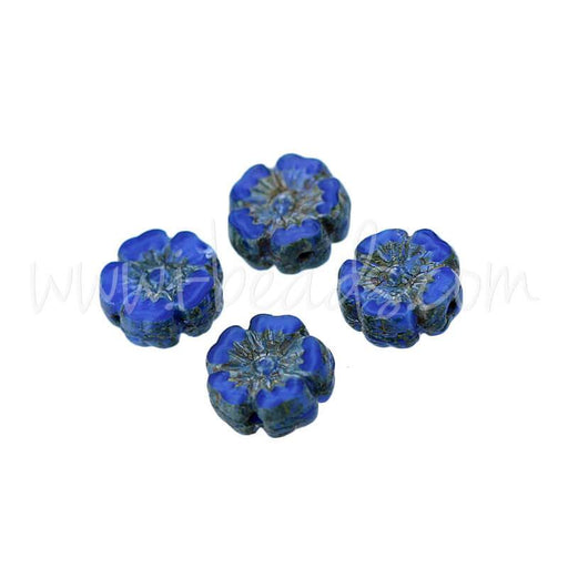 Czech pressed glass beads hibiscus flower blue and picasso 10mm (4)