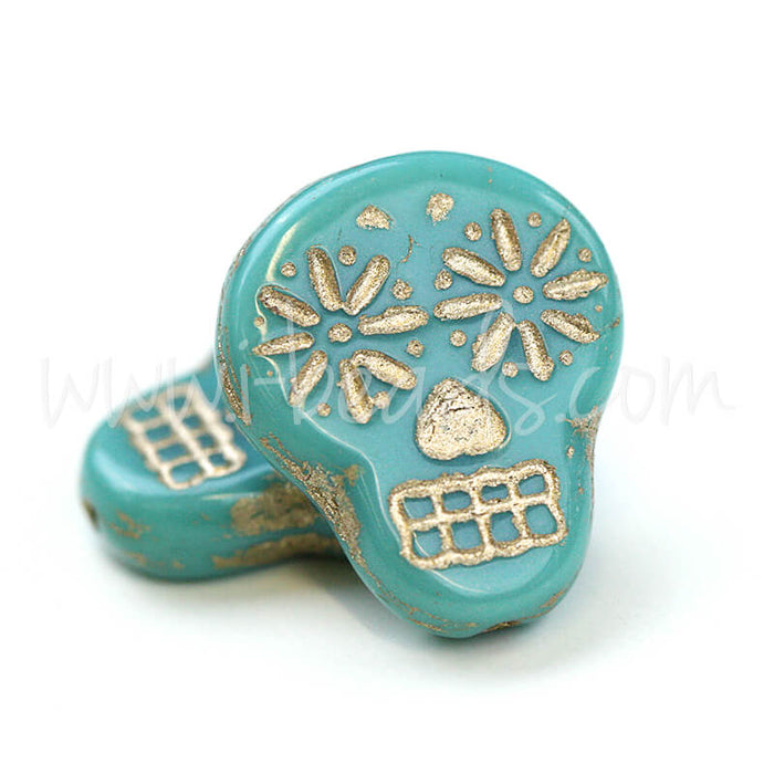 Czech pressed glass sugar skull turquoise and Bronze 15x19mm (2)