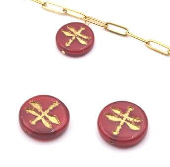Czech pressed glass beads Dragonfly red opaline and gold 12mm (2)