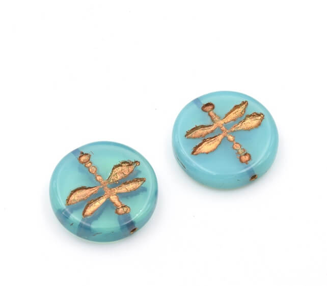 Czech pressed glass beads Dragonfly Turquoise opale and bronze 12mm (2)