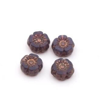 Czech pressed glass beads hibiscus flower purple opaline and bronze 7mm (4)