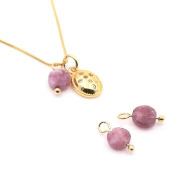 Charms Tourmaline PINK flat beads 6mm + ring gold plated ( 2 beads)