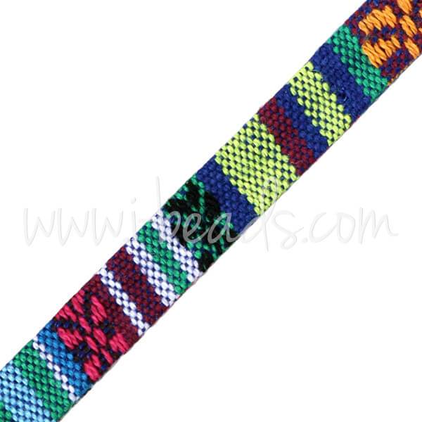 Flat cotton cord ethnic multi blue 10mm (1m)