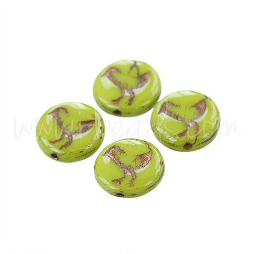 Buy Czech pressed glass beads bird opaque green and bronze 12mm (4)