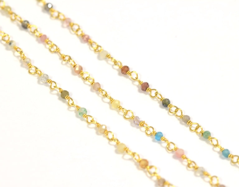 Rosary chain Silver gold plated and multicolor semi precious beads 2 mm (10cm)