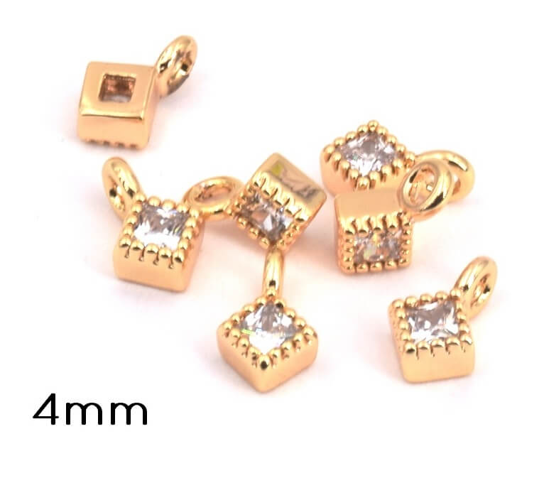 Tiny charm Pendant diamond shape Gold plated quality set Zirconium strass 4mm- hole:1.2mm (1)