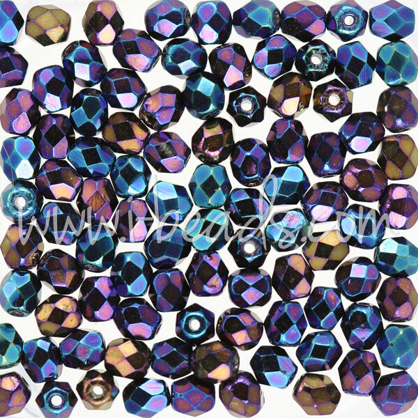 Czech fire-polished beads iris blue 4mm (100)
