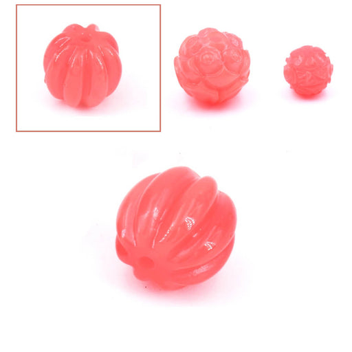 Round bead carved Shell pumpkin dyed pink coral 13x14mm, trou 1,2mm (1)